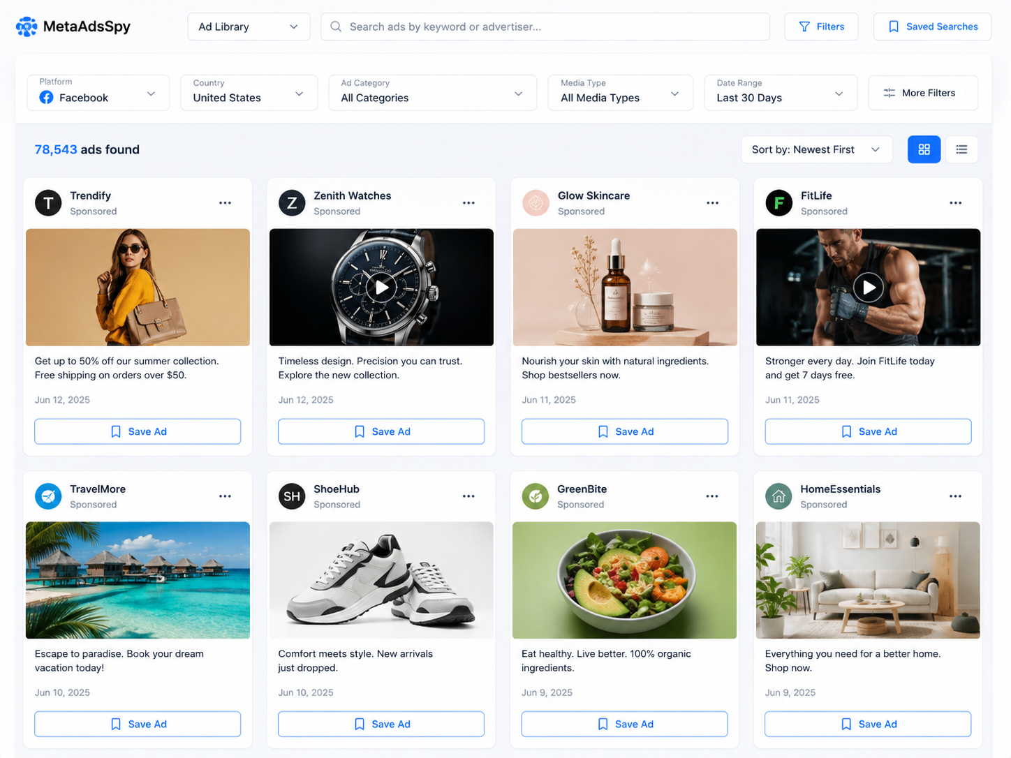 Filter ads by keyword, page, and country